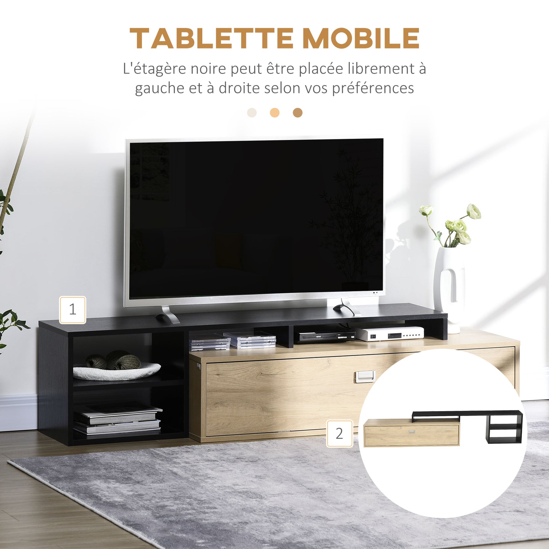 Meuble TV banc TV jusqu'à 65 pouces avec étagère amovible style contemporain porte basculante pour salon chambre