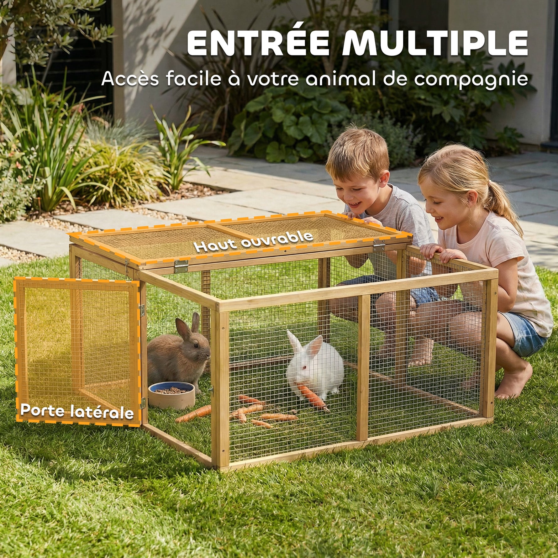 Enclos Lapin Extérieur Cage Lapin Intérieur Pliable Toit Ouvrant Total Poignée 1,44㎡ 120x120x57cm Naturel