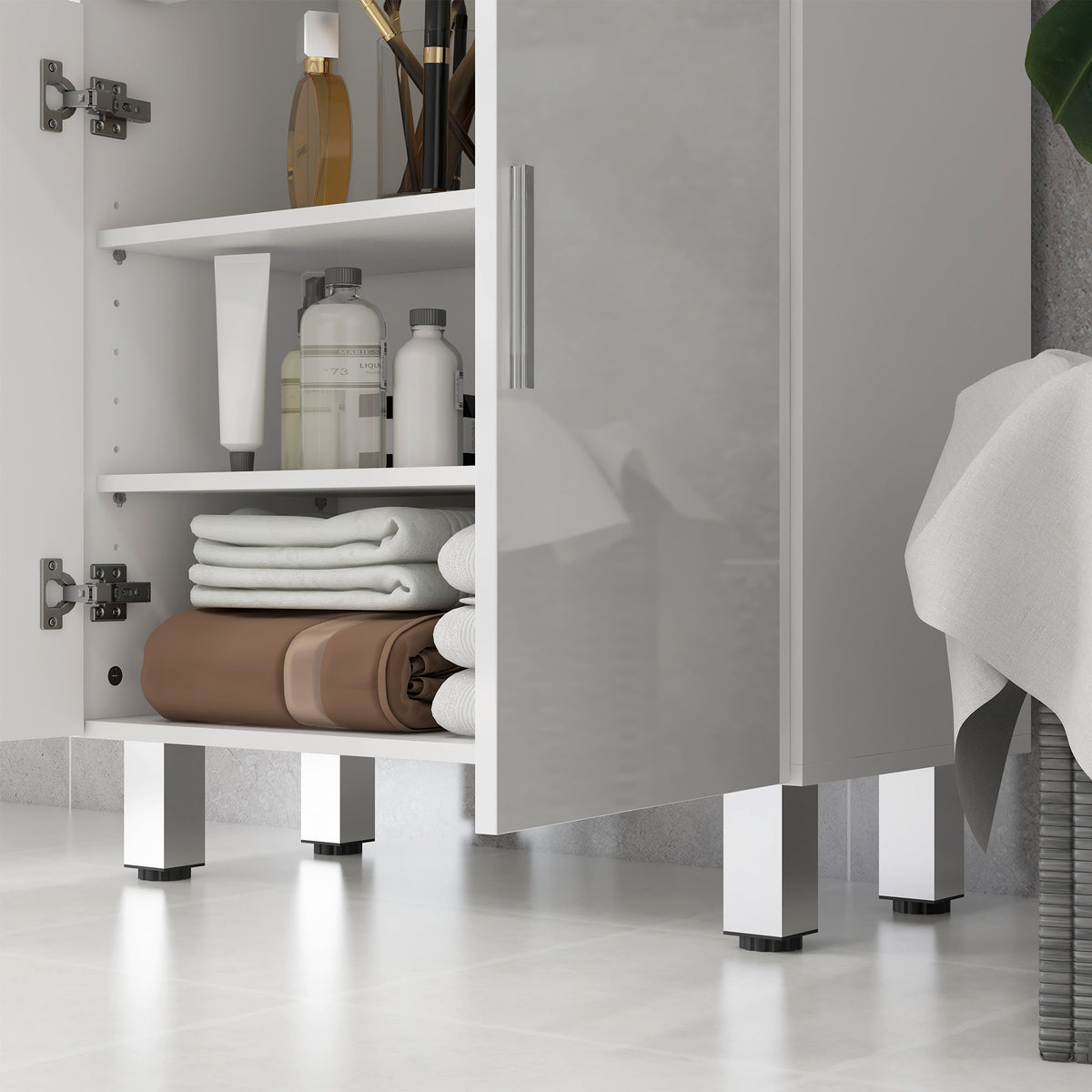 Mobile bagno con 2 cassetti, armadietto a doppia anta e ripiani regolabili 60 x 30 x 93 cm bianco lucido