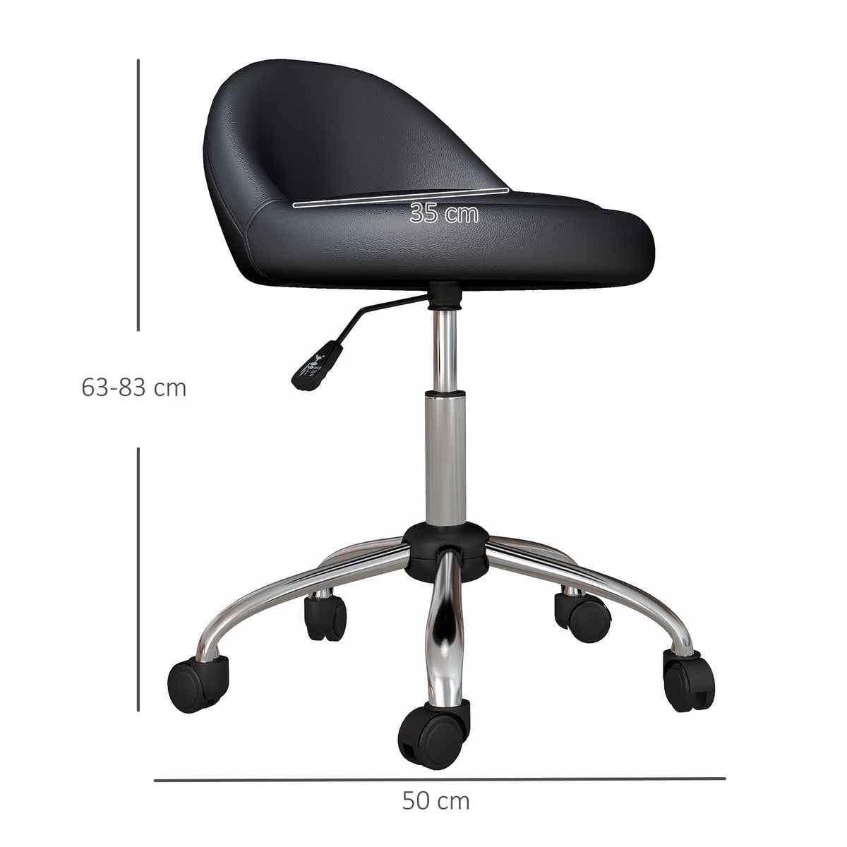 Sgabello con rotelle, sgabello da lavoro girevole a 360°, altezza regolabile 53-73 cm, rivestimento sintetico nero