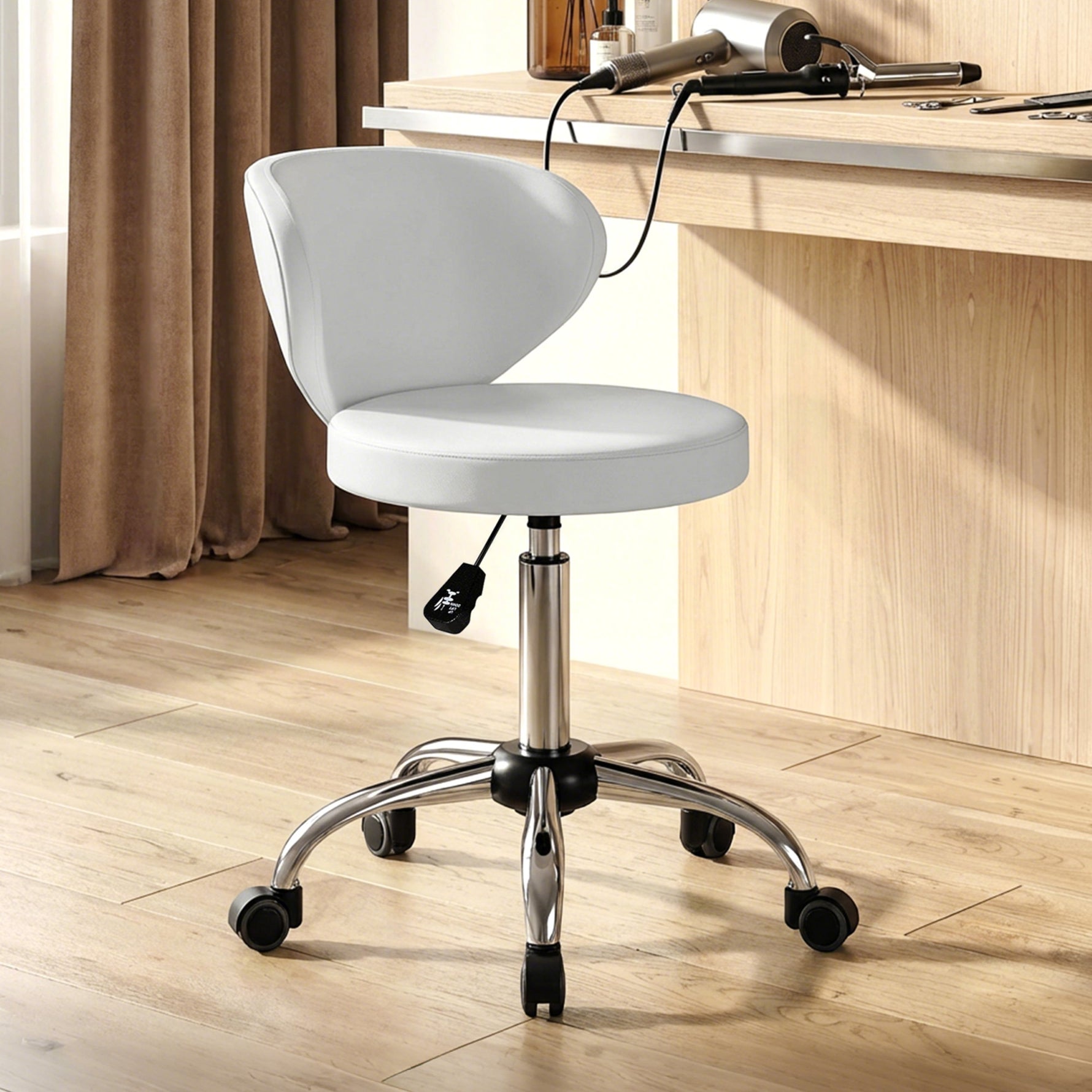 Tabouret à roulettes, tabouret de massage en PU avec hauteur réglable 73-88 cm et dossier, pivotant 360°, blanc