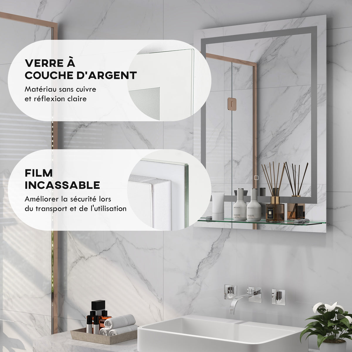 Miroir rectangulaire mural lumineux LED de salle de bain 70 x 50 cm