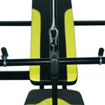 Banc de musculation Fitness entrainement complet dossier réglable cordes traction curler supports barre et haltères noir et jaune