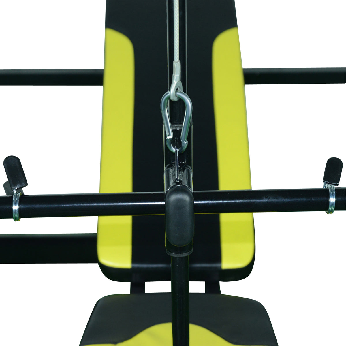 Banc de musculation Fitness entrainement complet dossier réglable cordes traction curler supports barre et haltères noir et jaune