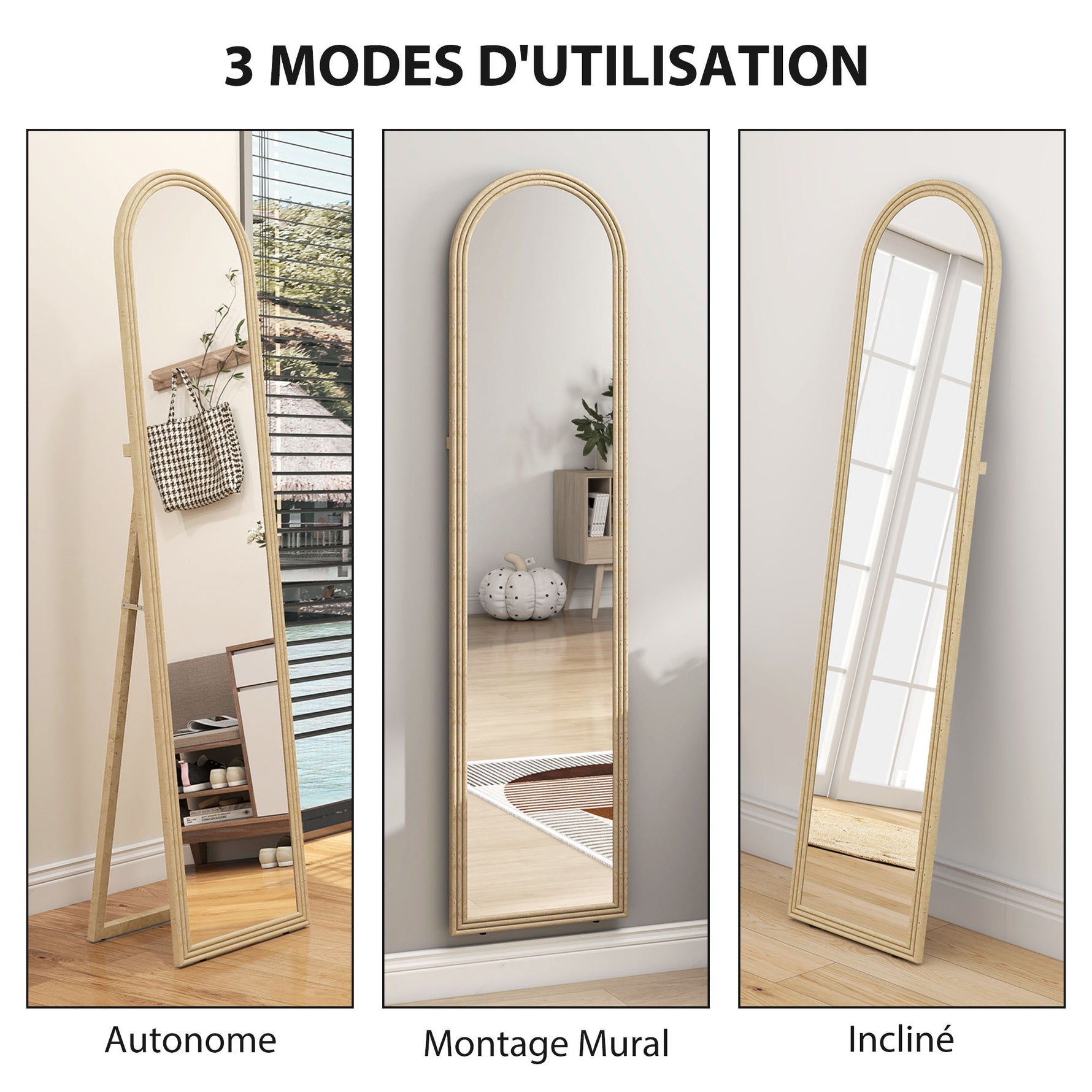 Miroir de sol arqué pleine longueur miroir sur pied cadre en effet imitation pierre pour salon chambre 40 x 160 cm beige