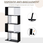 Bibliothèque à 5 niveaux, meuble de rangement en forme de S avec étagères, étagère de rangement pour salon, chambre bureau, 60 x 24 x 148 cm, noir, blanc
