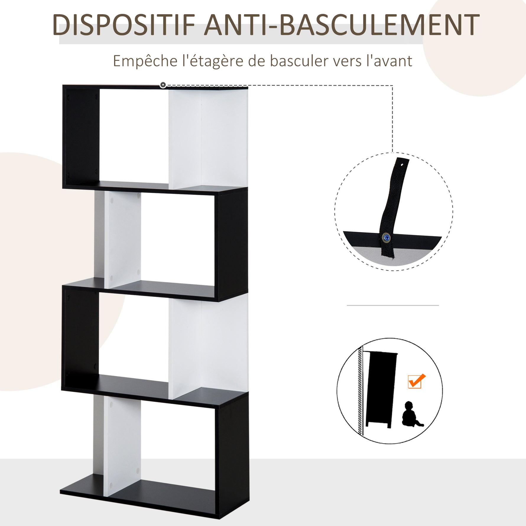 Bibliothèque à 5 niveaux, meuble de rangement en forme de S avec étagères, étagère de rangement pour salon, chambre bureau, 60 x 24 x 148 cm, noir, blanc