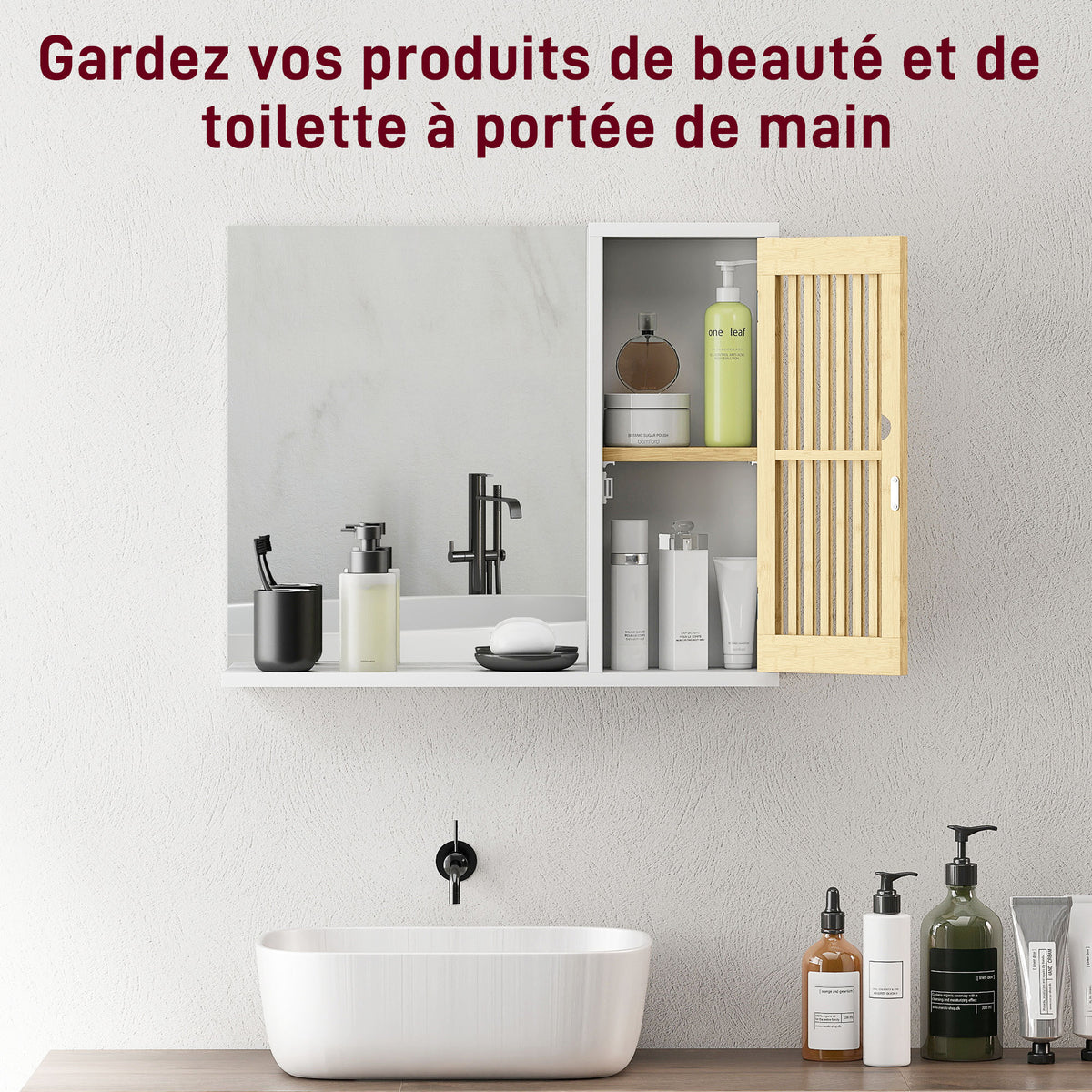 Armoire de salle de bain avec miroir, étagère, porte à lattes en bambou et étagère réglable, blanc