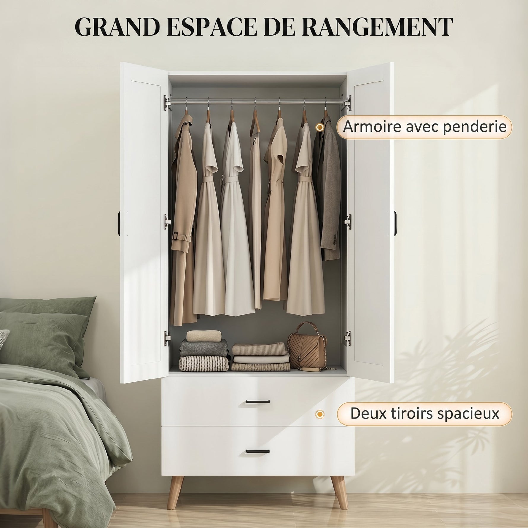 Armoire chambre penderie 2 portes à fermeture douce, 2 tiroirs et barre de suspension, 80x54x180cm, blanc