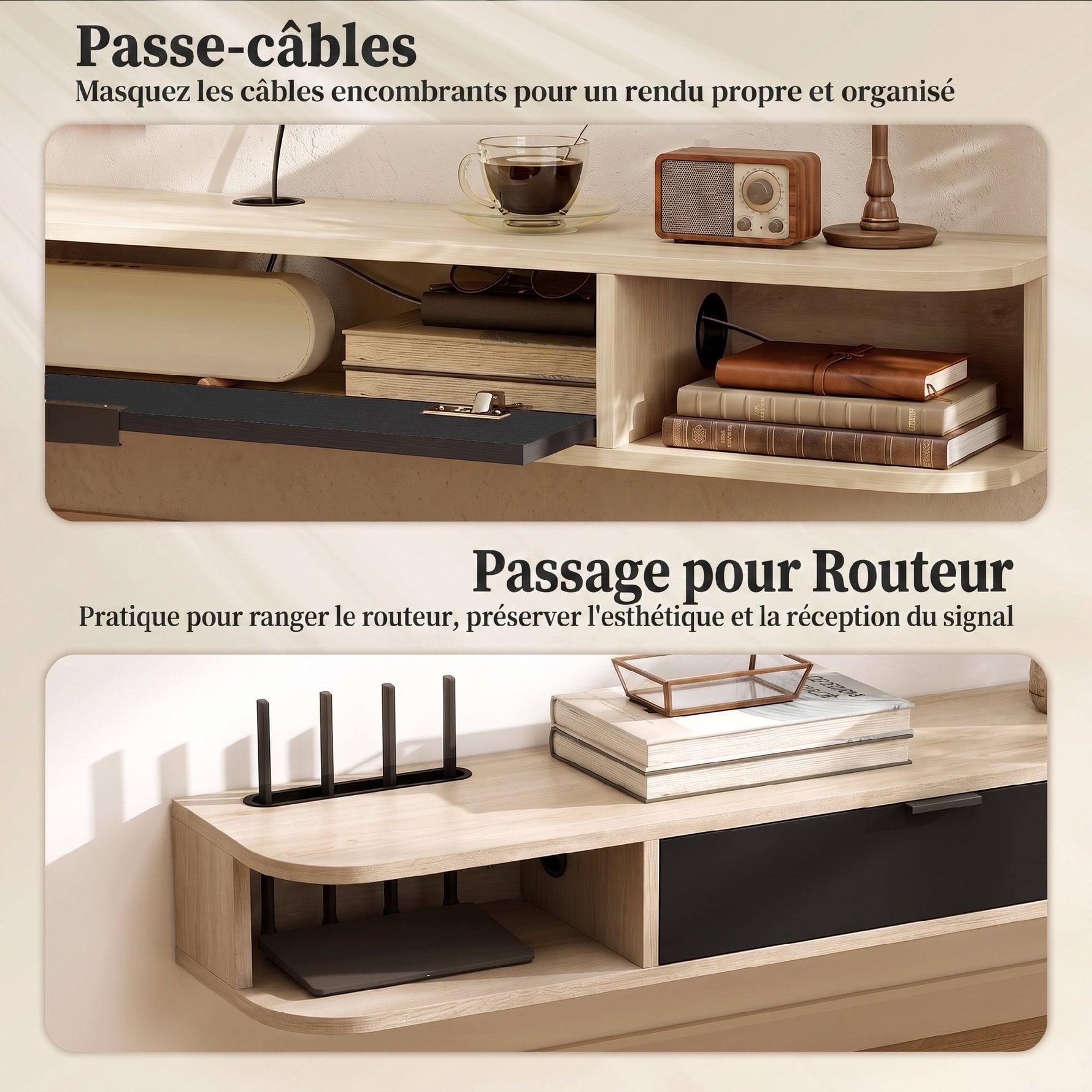 Meuble TV suspendu, meuble télé pour téléviseur jusqu'à 75 pouces, tiroir rabattable 2 étagères 180x24x16cm bois naturel