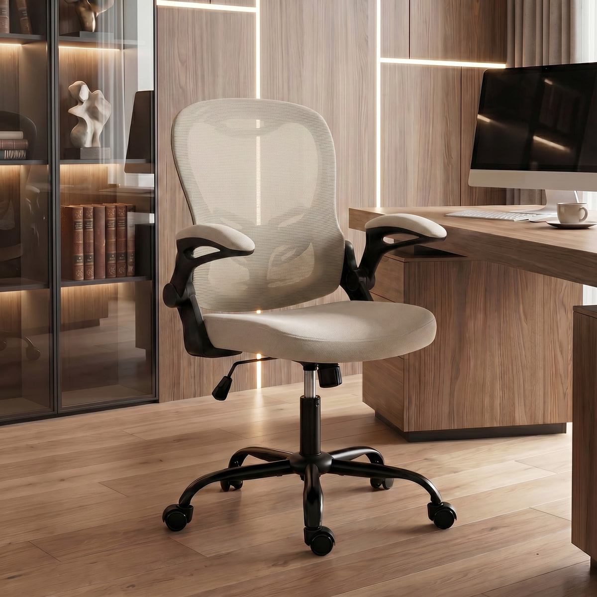 Chaise Bureau Ergonomique, Fauteuil de Bureau Maille, Accoudoirs Relevables, Hauteur Réglable, Fonction Bascule, Beige