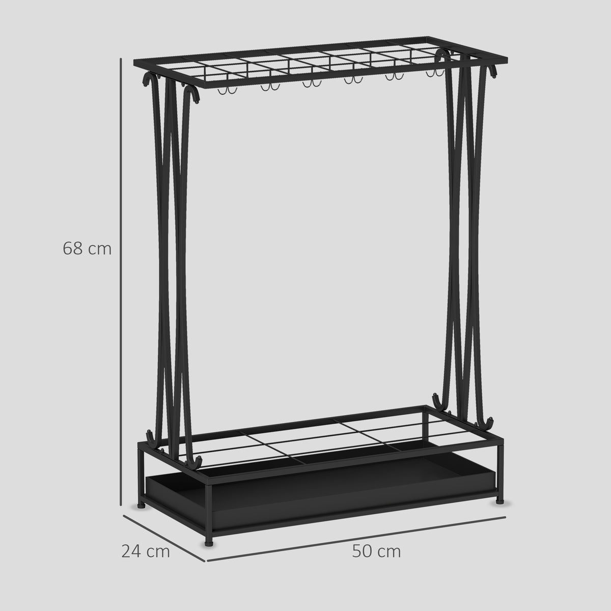 Steel Umbrella Stand with 21 Slots, 24 Hooks, Removable Drip Tray and Shelf, 50x24x68cm, Black