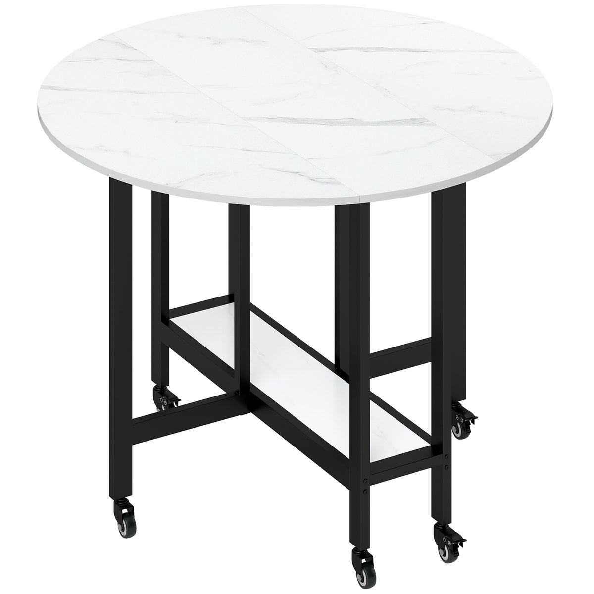 Table à Manger Pliante sur Roulettes, Table de Cuisine pour 4 Personnes avec Étagère Intégrée, 100 x 100 x 75 cm, Blanc