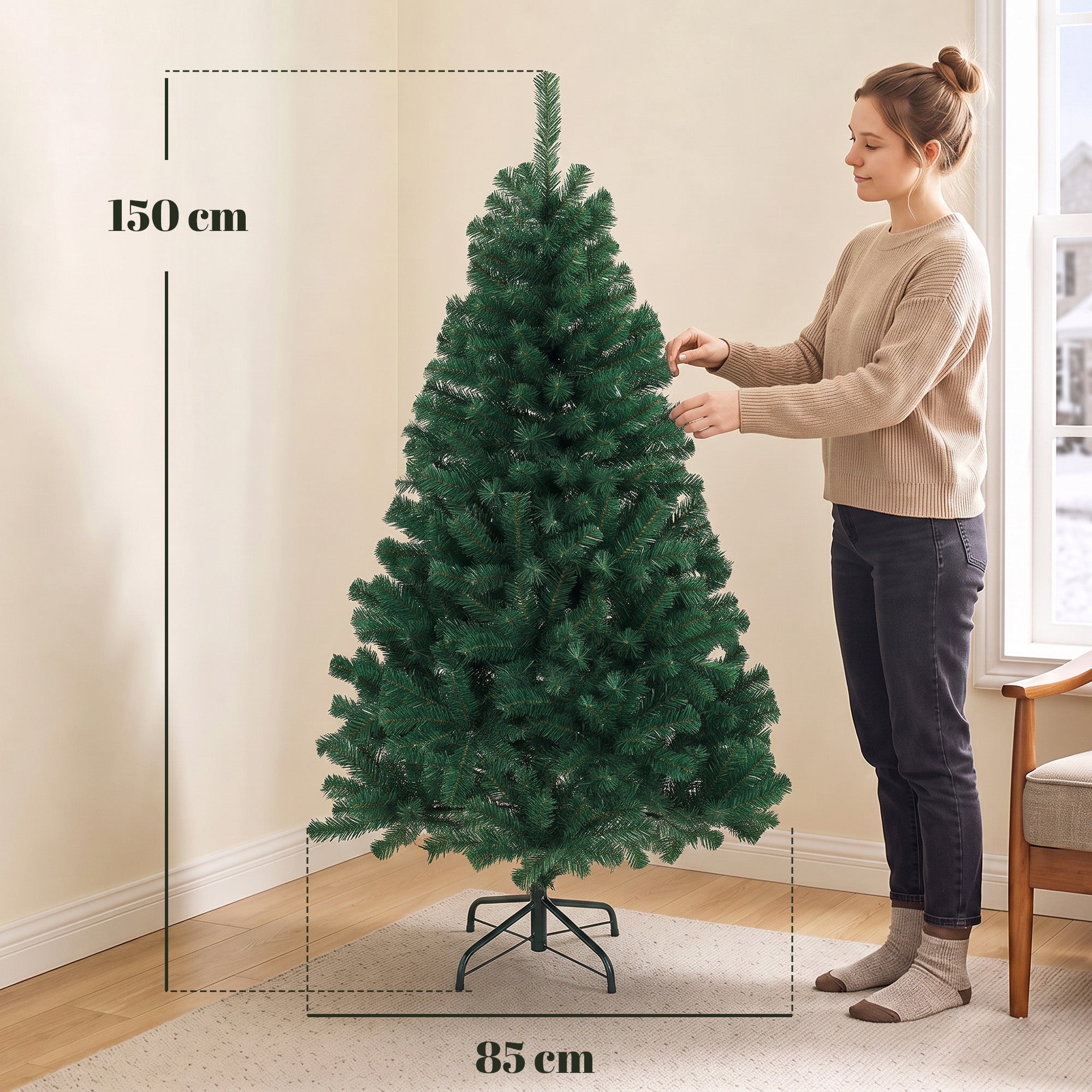 Künstlicher Weihnachtsbaum 150 cm, Weihnachtsbaum mit 420 klappbaren Zweigspitzen, klappbarer Stahlständer, Grün