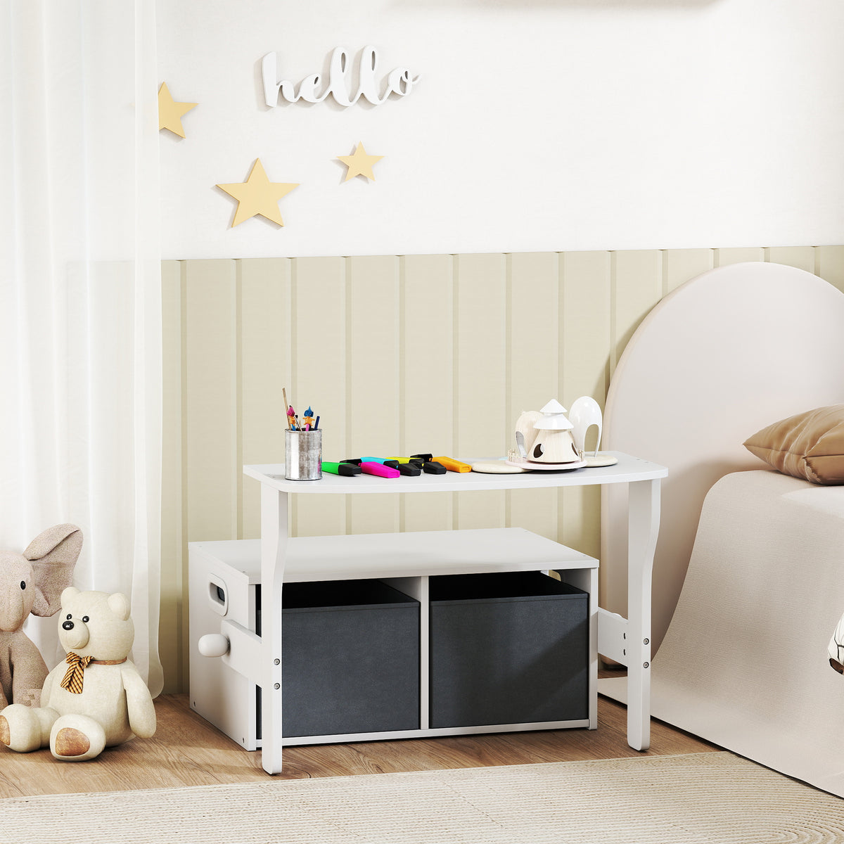 Baule portagiochi per bambini 3 in 1, set tavolo e sedie con 2 contenitori in tessuto rimovibili, 67,5 x 46,5 x 56,7 cm, bianco