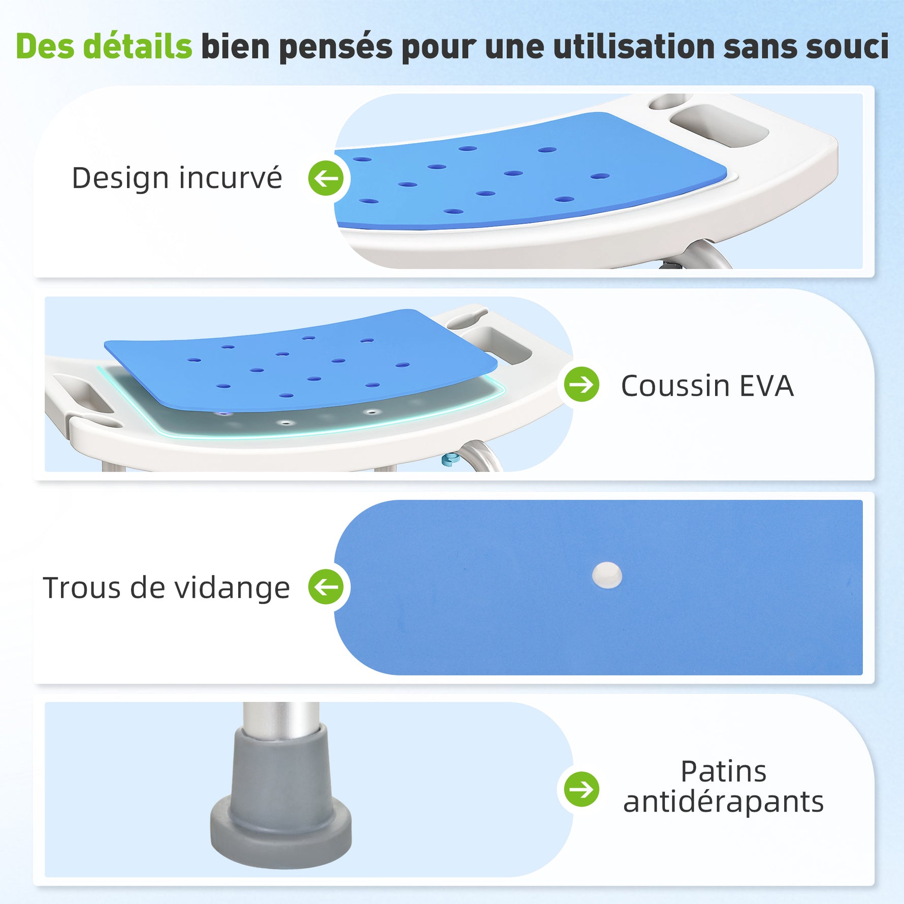 Siège de Douche réglable en Hauteur Tabouret de Douche Ergonomique Pieds antidérapants Charge Max. 135 Kg alu HDPE Blanc Bleu