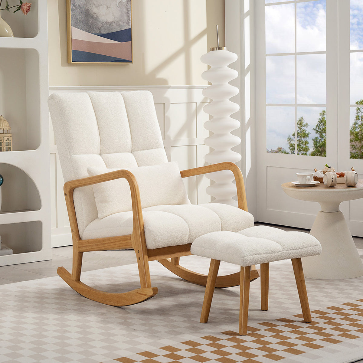 Poltrona a dondolo con poggiapiedi, sedia a dondolo in tessuto bouclé, gambe in legno, 64,5 x 82 x 89 cm, bianco