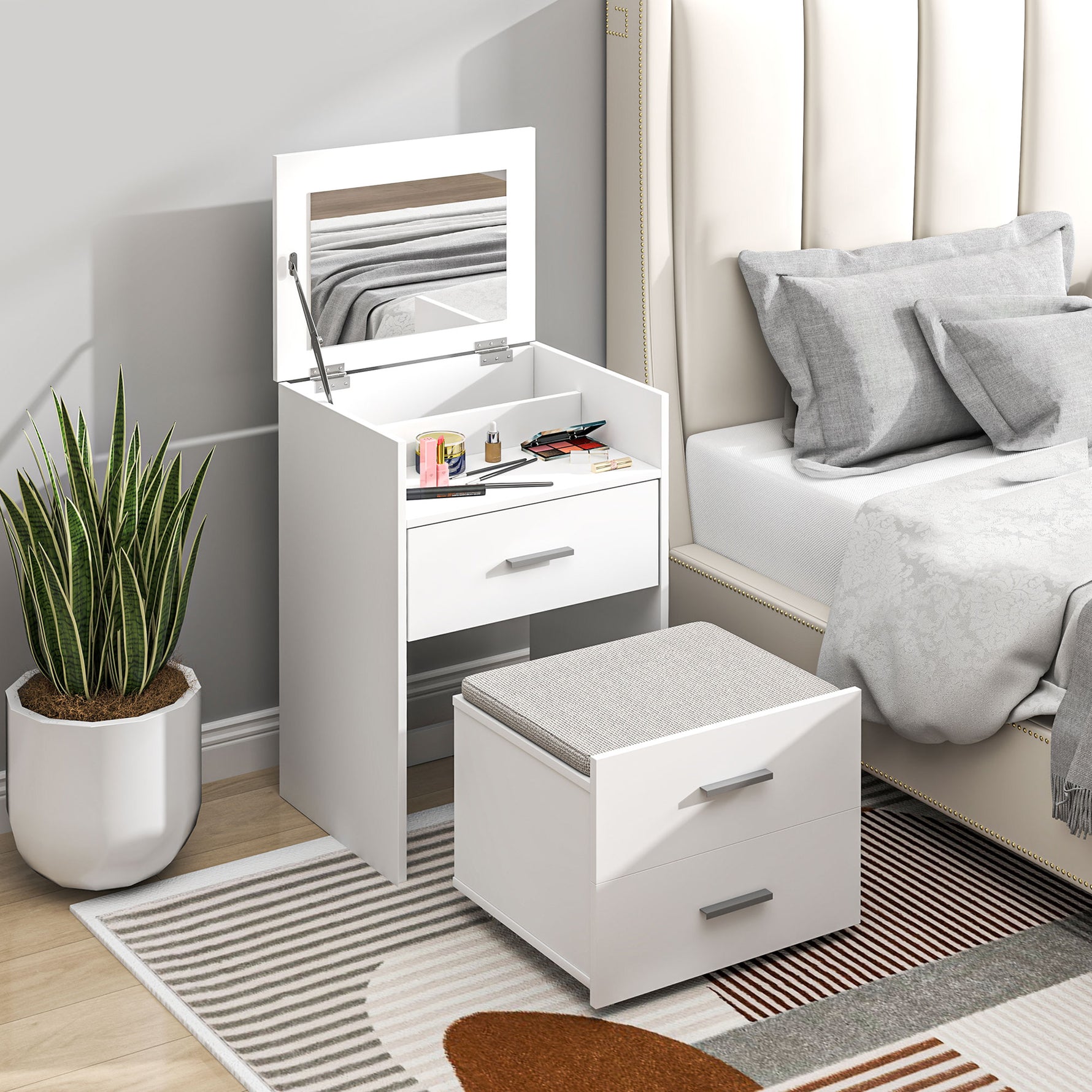 Coiffeuse avec miroir relevable et tabouret à roulettes, table de maquillage avec 2 tiroirs, coussin amovible, blanc