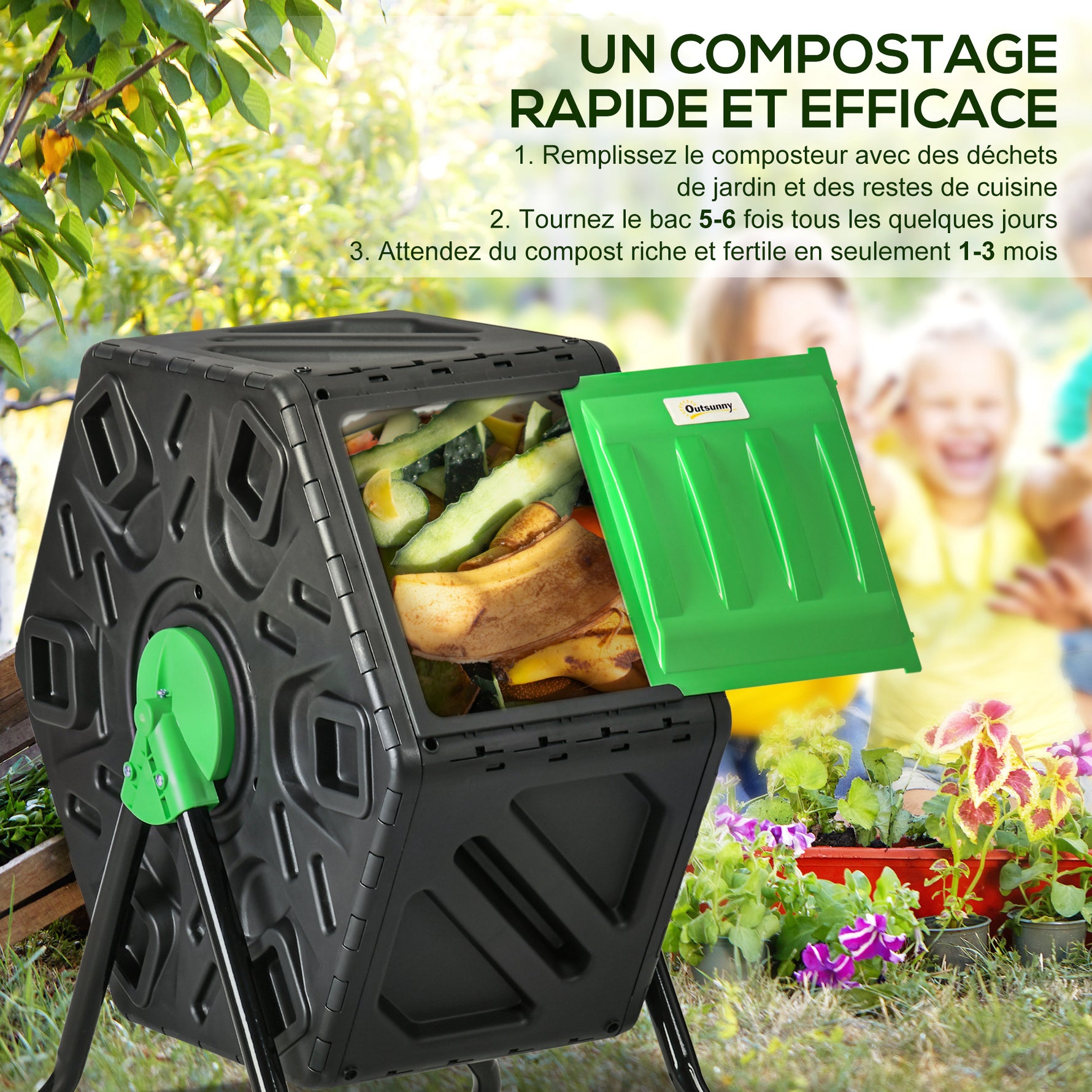 Composteur de jardin bac composteur pour jardin rotatif 360° en polypropylène 65 L 24 trous 60 x 49 x 77 cm noir