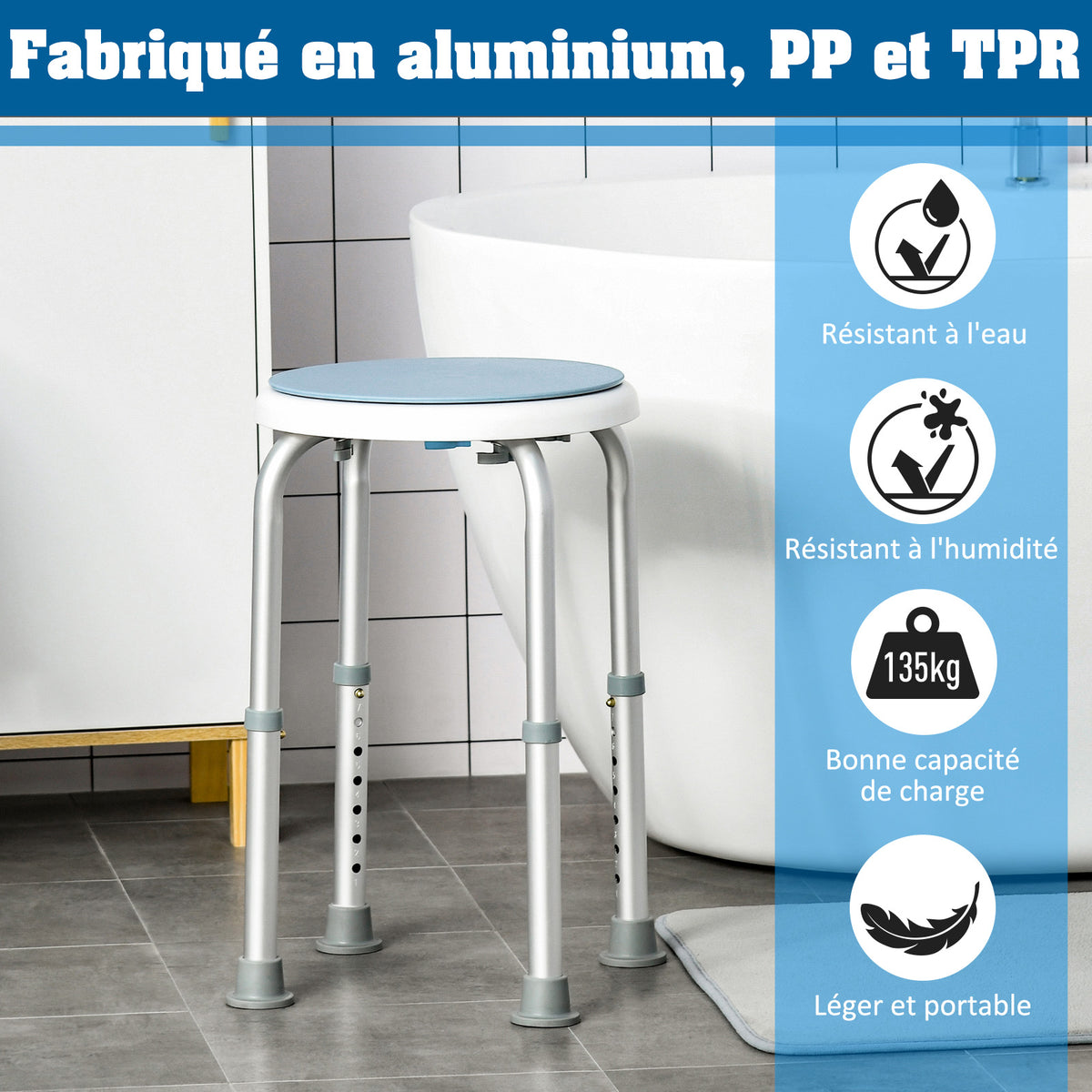 Tabouret de douche siège de douche antidérapant tabouret de bain hauteur réglable pivotant à 360° en aluminium