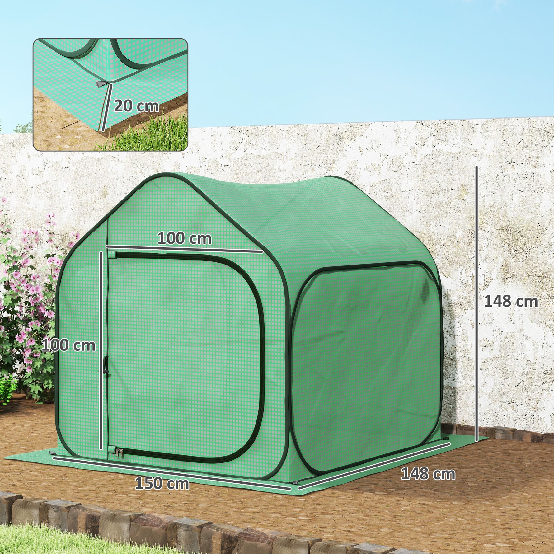 Mini serre pop-up petite serre légumes plante fleurs avec porte à fermeture éclair en PE 150 x 148 x 148 cm vert