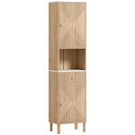 Armoire salle de bain haute meuble de rangement colonne avec tiroir coulissant silencieux 2 placards 41,5x30x168cm chêne