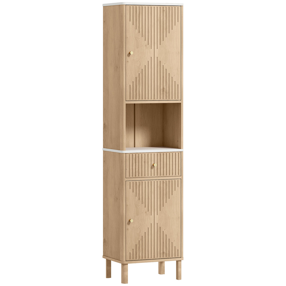 Armoire salle de bain haute meuble de rangement colonne avec tiroir coulissant silencieux 2 placards 41,5x30x168cm chêne