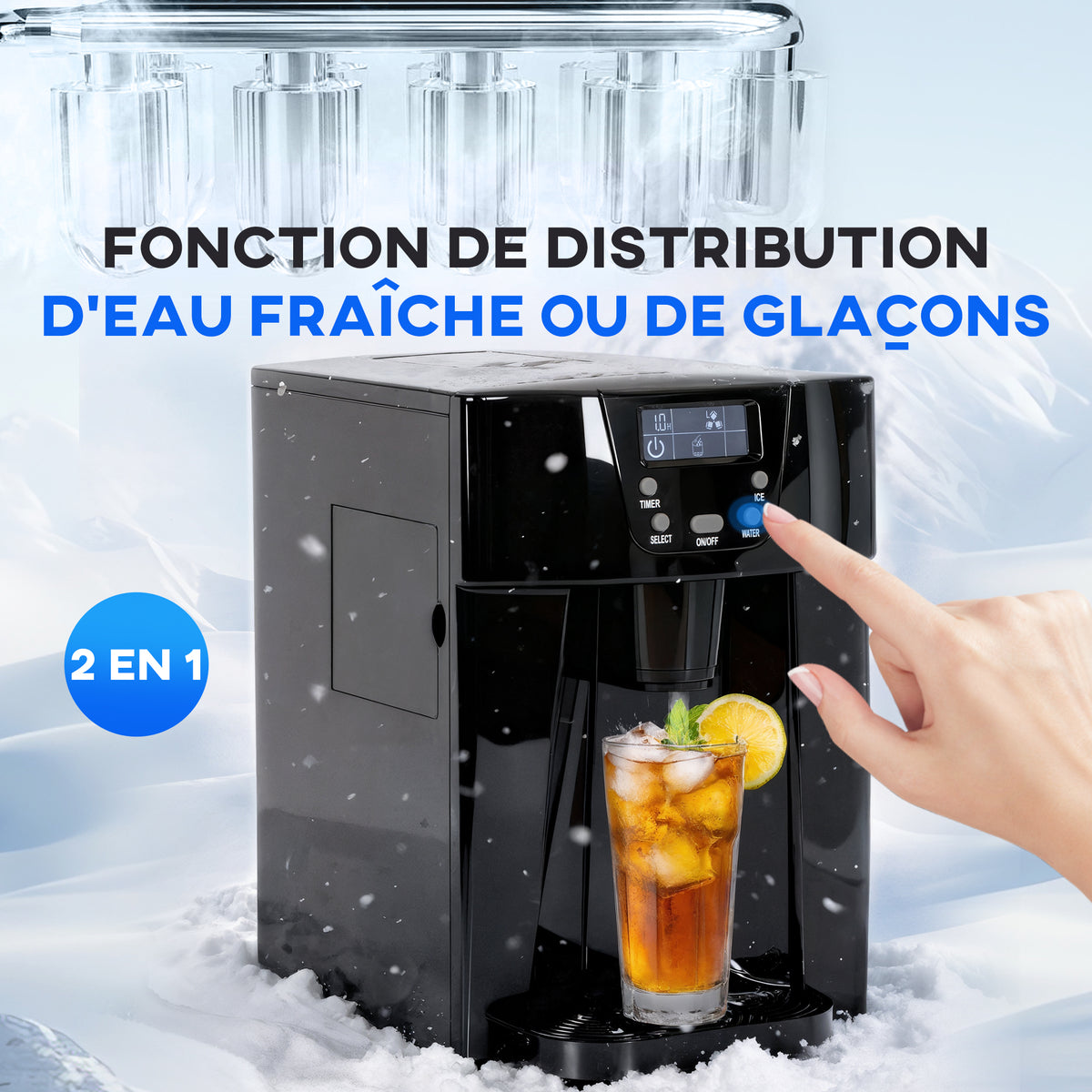 Machine à glaçons avec distributeur d'eau, ice maker, 12kg en 24h, 9 glaçons en 6-10 minutes, 25,2x38,9x36,3cm, noir