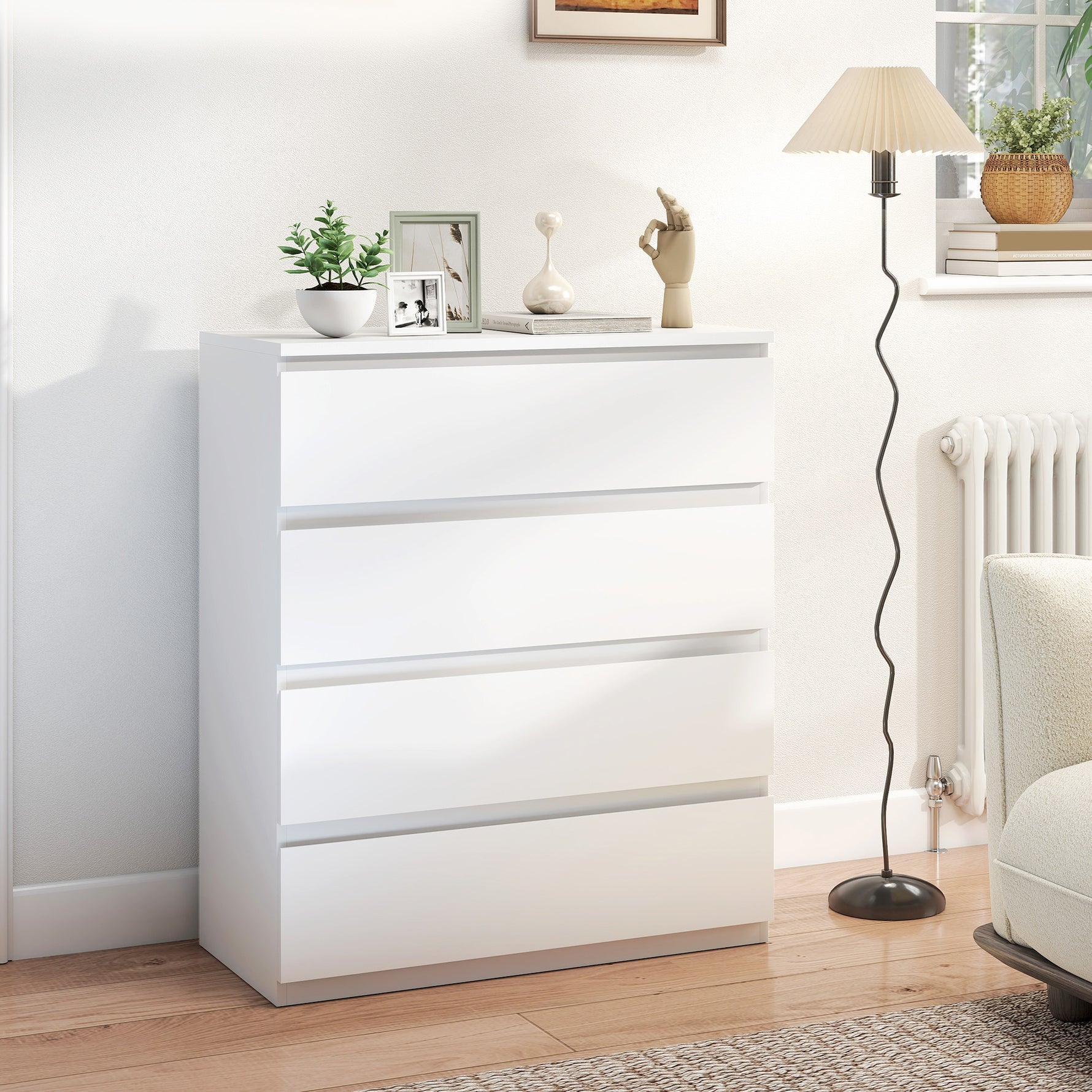 Commode 4 tiroirs, meuble de rangement épuré pour chambre, intérieur, 80 x 39 x 95 cm panneau de particules blanc