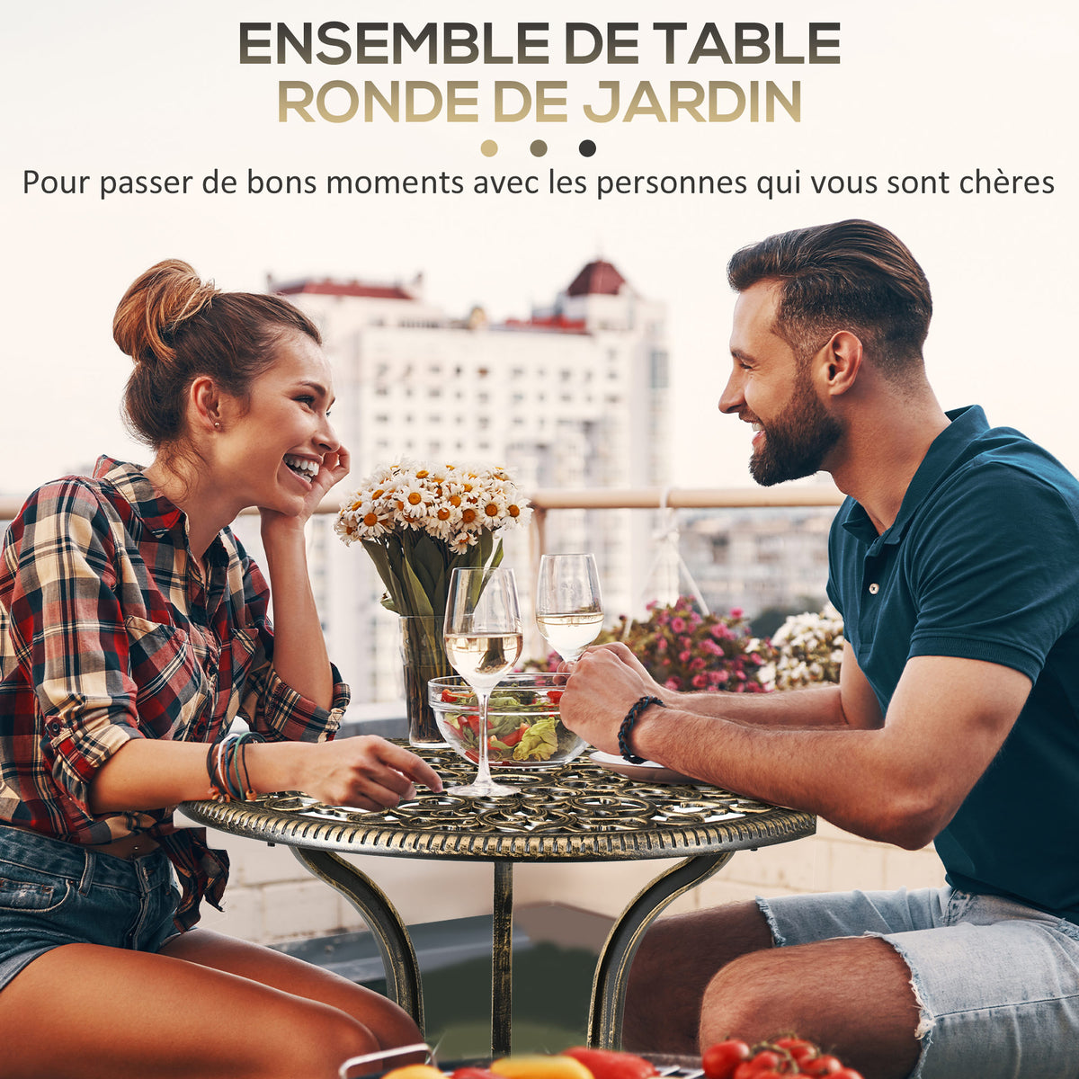 Ensemble bistrot pour jardin en aluminium salon de jardin 3 pièces 2 chaises + table ronde imitation fer forgé