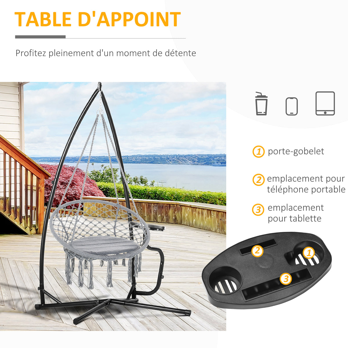 Support pour Fauteuil Suspendu - Pied Fauteuil Suspendu - Tablette réglable Incluse - max 120 Kg