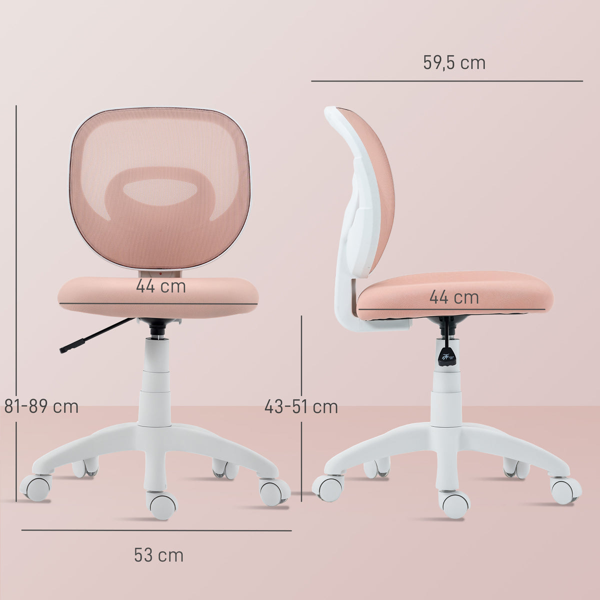 Chaise de Bureau Ergonomique sans Accoudoirs, Fauteuil de Bureau en Maille, Hauteur Réglable, Rose