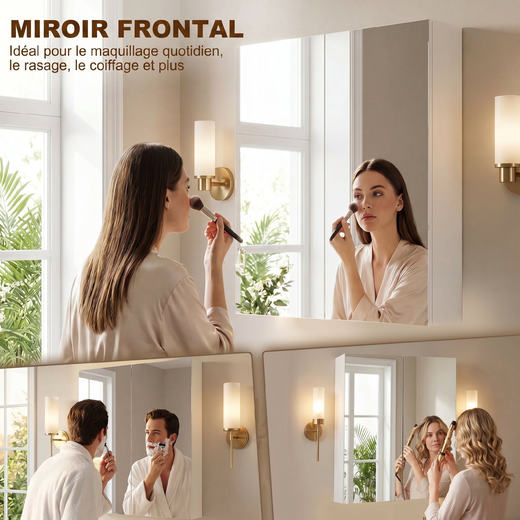 Armoire avec Miroir en Bois Rangement Salle de Bain Fermeture Porte Tampon MDF