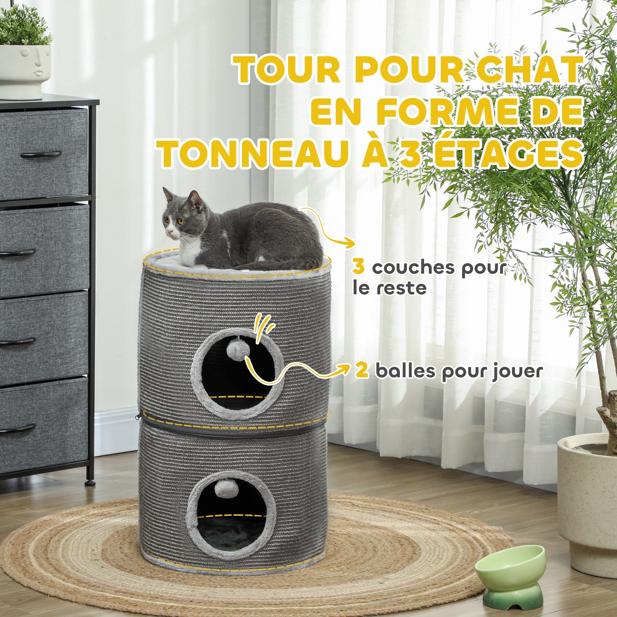 Tour pour chat modulable tonneau griffoir chat avec fermeture éclair séparable 3 niveaux deux balles Ø 42 x 69H cm gris