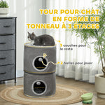 Tour pour chat modulable tonneau griffoir chat avec fermeture éclair séparable 3 niveaux deux balles Ø 42 x 69H cm gris