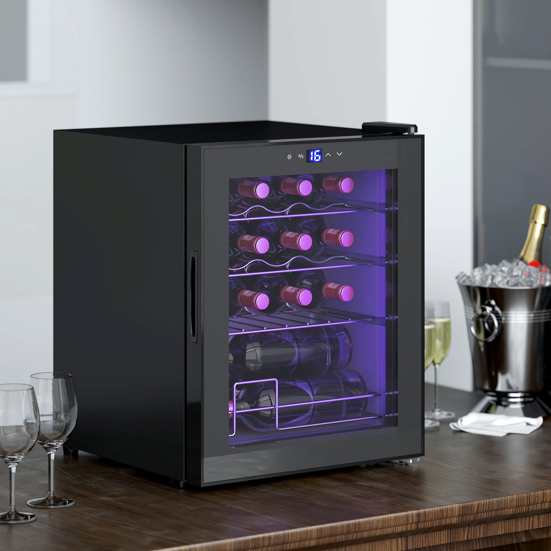 Cave à vin 16 bouteilles 42L, réfrigérateur à vin et boissons avec température réglable 5-18°C, porte en verre, noir