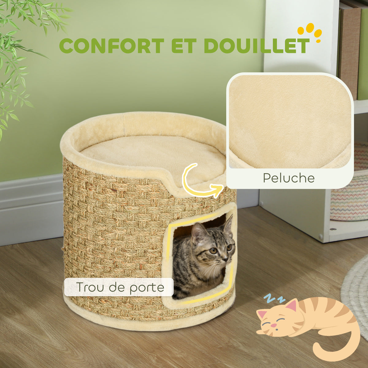 Tonneau à gratter pour chat, tonneau à chat, recouvert de peluche, capacité de 5 kg, Ø 38 x 37H cm kaki et beige