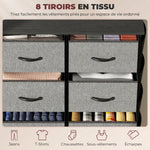 Commode 8 tiroirs en tissu, meuble de rangement avec 4 poches, 2 crochets, structure en acier, 86 x 30 x 94,5 cm, gris