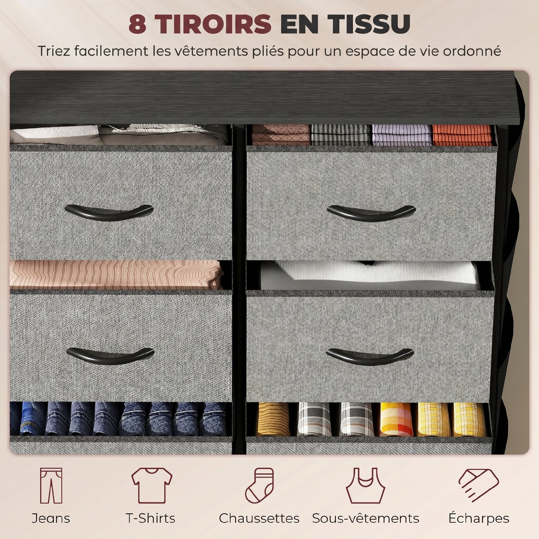 Commode 8 tiroirs en tissu, meuble de rangement avec 4 poches, 2 crochets, structure en acier, 86 x 30 x 94,5 cm, gris