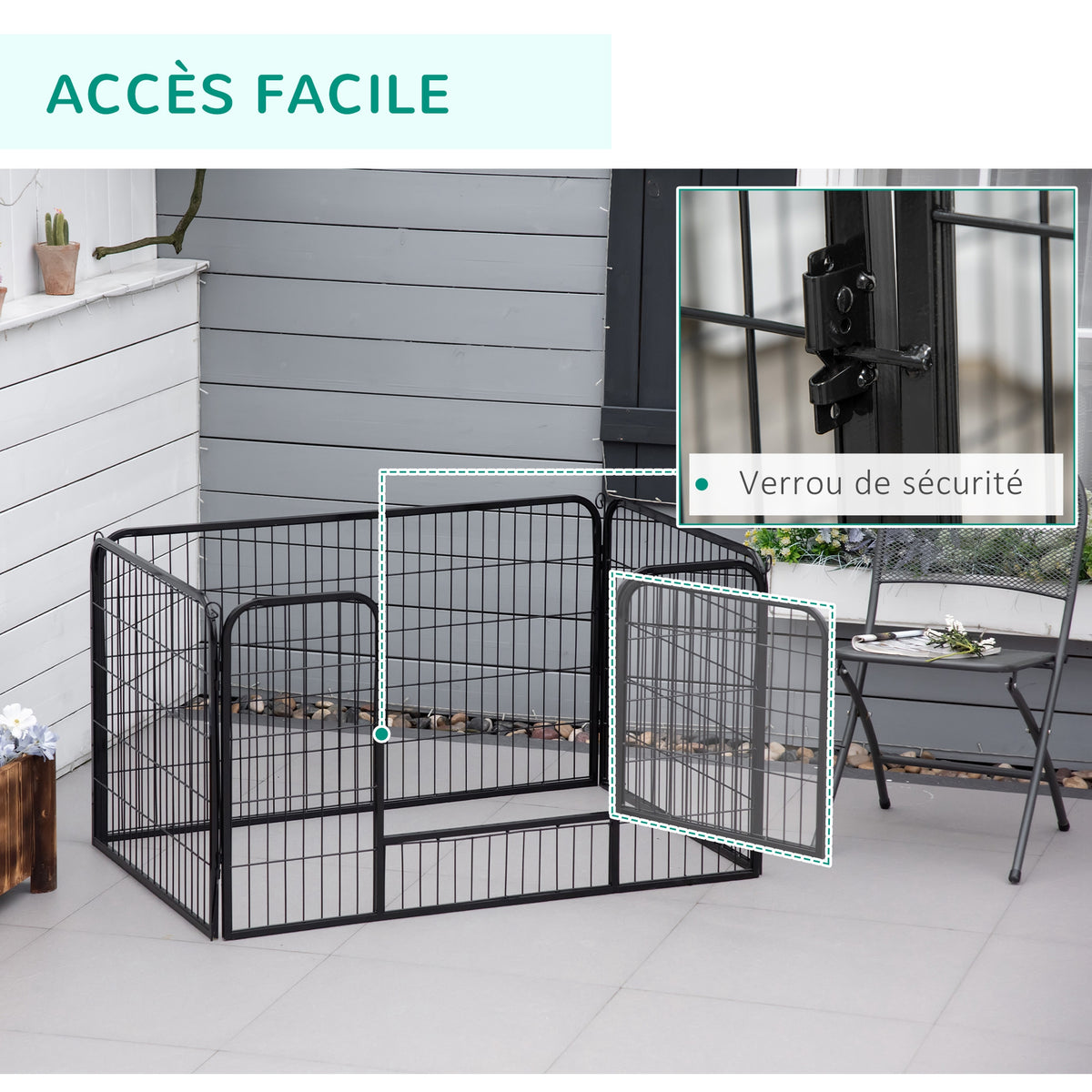 Luxe parc enclos modulable acier 4 panneaux et 1 porte pour chiens, lapins, rongeurs, petits animaux, intérieur et extérieur 125L x 70H cm noir