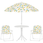 Ensemble salon de jardin extérieur enfant 4 pièces, motif éléphant et girafe, parasol réglable Ø 100 cm, chaise pliable