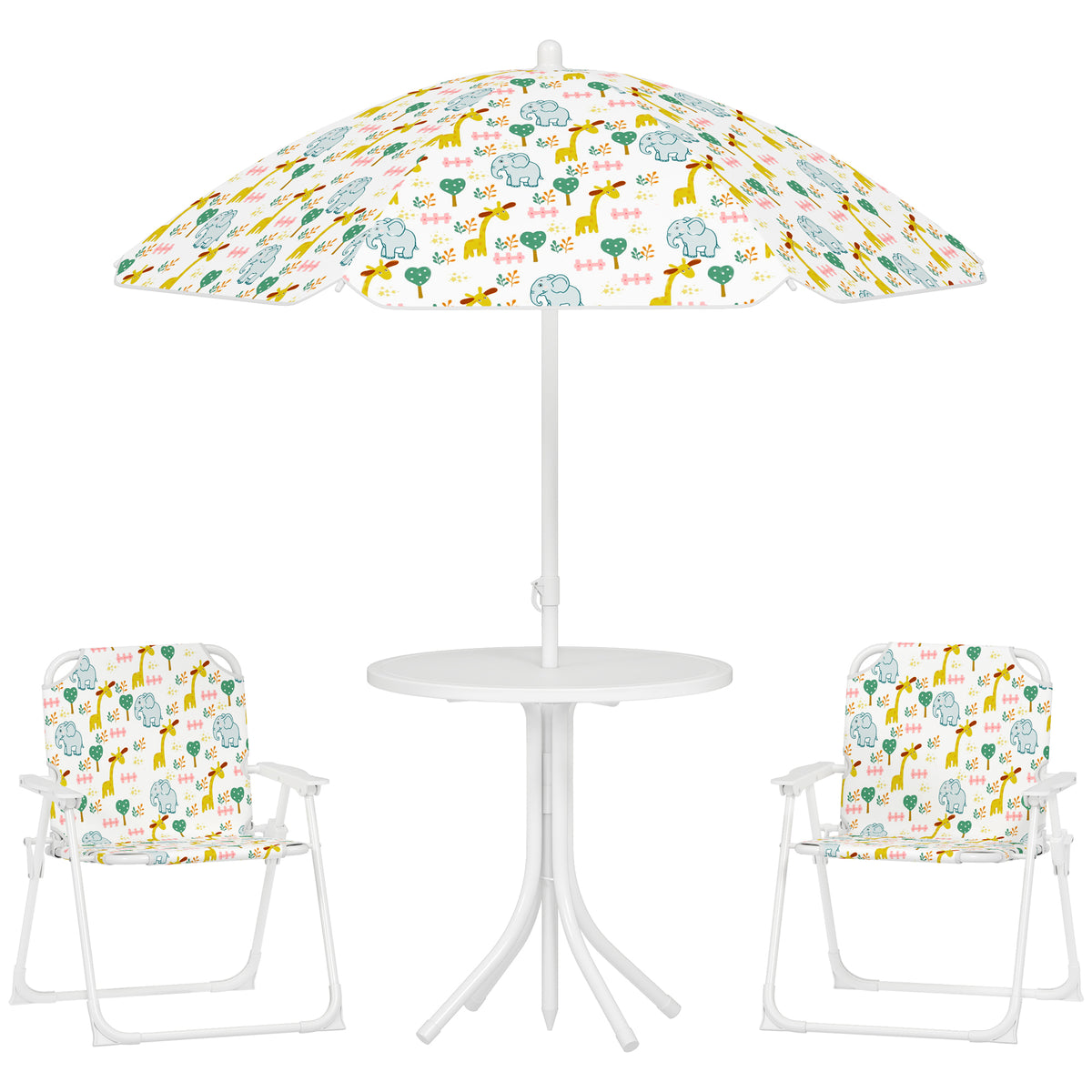 Ensemble salon de jardin extérieur enfant 4 pièces, motif éléphant et girafe, parasol réglable Ø 100 cm, chaise pliable