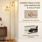 Lampadaire sur pied salon à double tête réglable, lampe sur pied, abat-jour en verre floral, 42 x 25 x 165 cm, doré