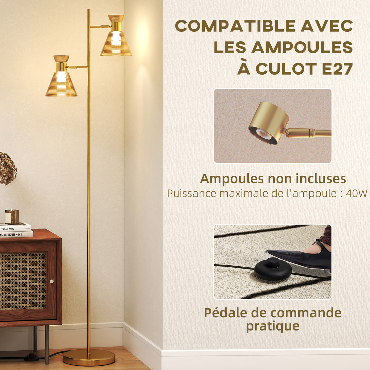 Lampadaire sur pied salon à double tête réglable, lampe sur pied, abat-jour en verre floral, 42 x 25 x 165 cm, doré