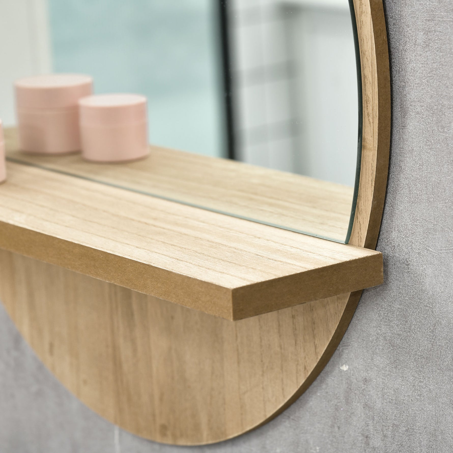 Miroir rond mural de salle de bain avec 1 étagère de rangement - Ø 45 x 10H cm - panneau de particules