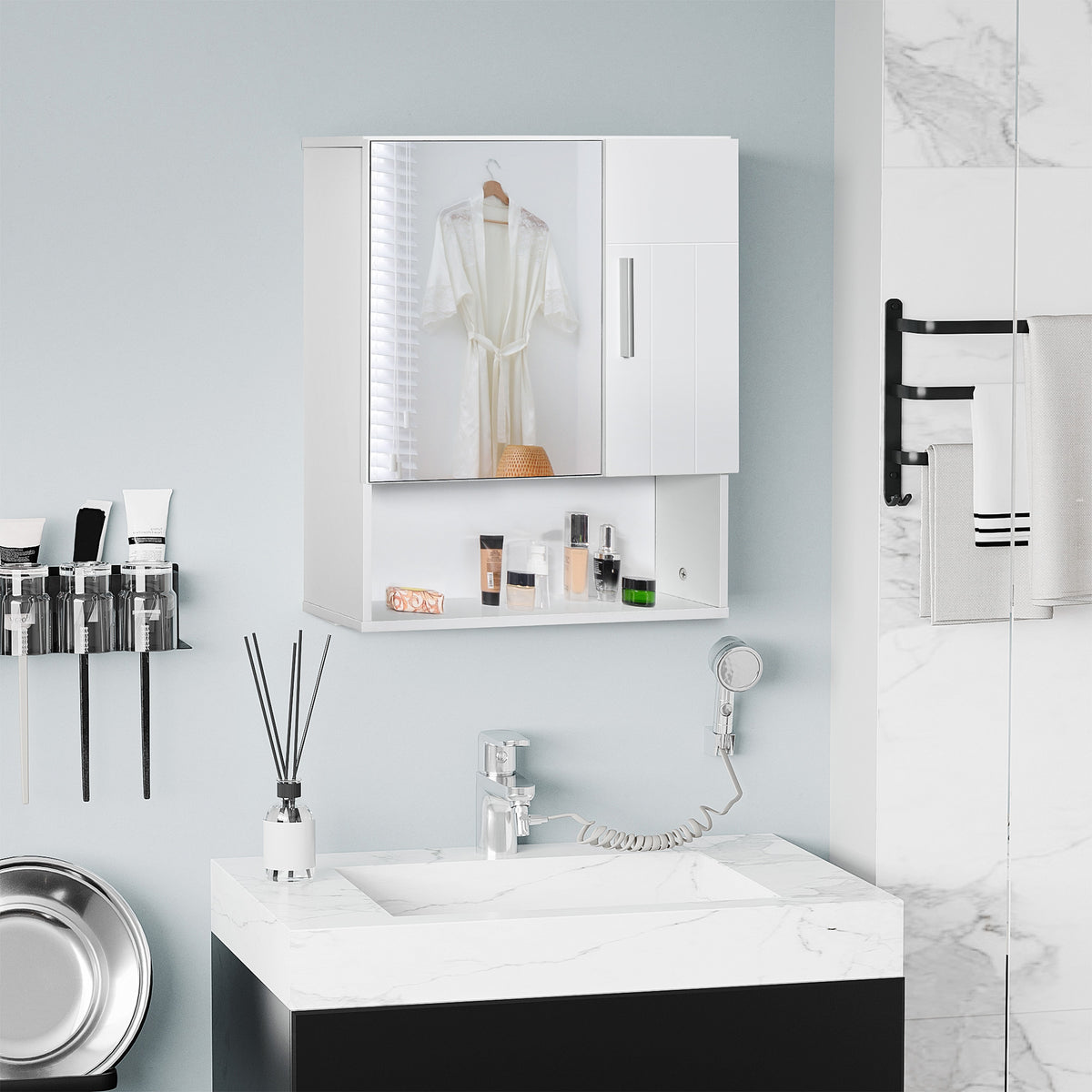 Armoire murale miroir de salle de bain avec portes et étagère réglable - dim. 54L x 15,2l x 55,3H cm blanc