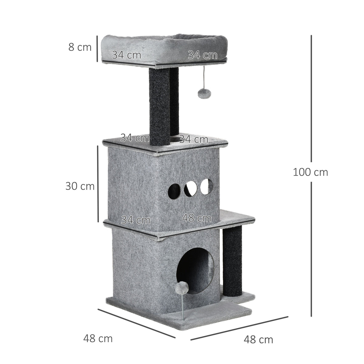 Arbre à chats design cosy chic multi-équipements centre d'activités niches plateformes lit jeu boule feutres amovibles lavables panneaux de particules peluche courte 48 x 48 x 100 cm gris