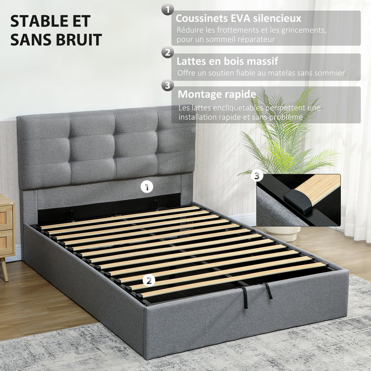 Letto contenitore 140x190, giroletto matrimoniale imbottito con rete a doghe in legno e vano portaoggetti nascosto, senza materasso, grigio