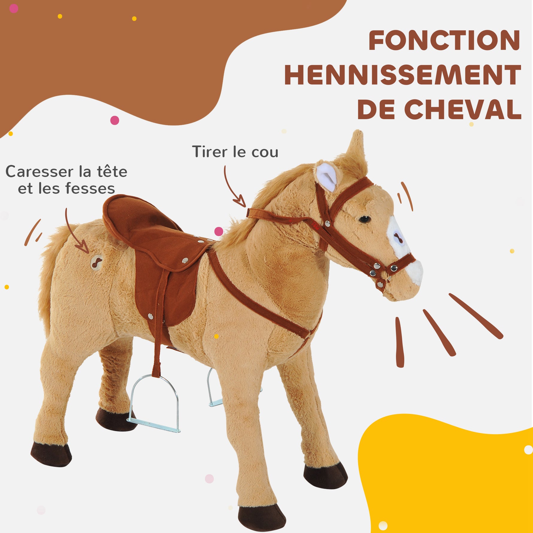 Cheval debout en peluche pour enfant à partir de 2 ans avec effets sonores selle et bride 85 cm (longueur) beige