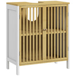 Meuble sous vasque 2 portes avec étagère réglable armoire de rangement pour lavabo 60 x 30 x 70 cm MDF et bambou